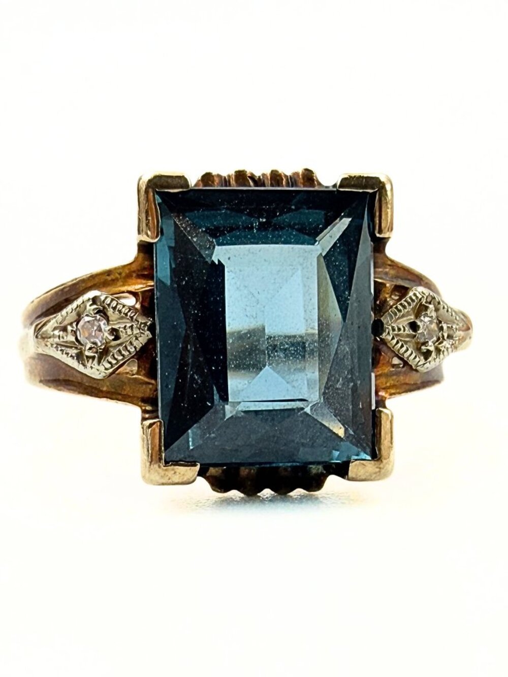 Antique Art Deco Signed 10K Emerald Cut Blue Topaz Diamond Ring Sz 4